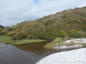 The water of the Bishopston Pill watercourse dammed up behind the shingle banks at Pwll Du