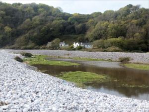 The water of the Bishopston Pill watercourse dammed up behind the shingle banks at Pwll Du