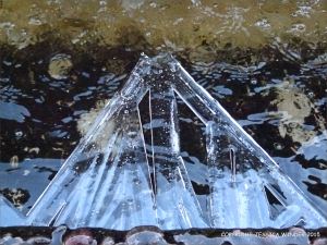 Large ice crystals growing in a triangular formation on the edge of a fountain
