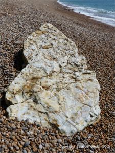 Beach boulder in shingle at the water's edge