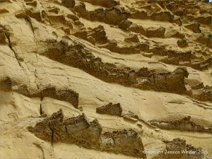 Yellow textured cliff rock at West Bay near Bridport in Dorset, England