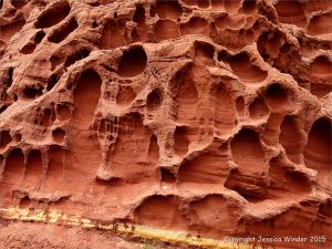Weathering texture in colourful Triassic cliff rock strata at Budleigh Salterton in Devon, England