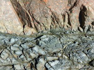 Contrasting rock textures at Moulin Huet Bay