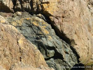 Contrasting rock textures at Moulin Huet Bay