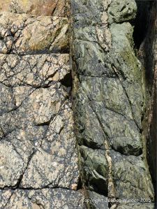 Contrasting rock textures at Moulin Huet Bay