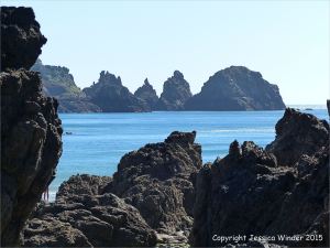 View across the rocky beach outcrops at Moulin Huet Bay towards the Pea Stacks