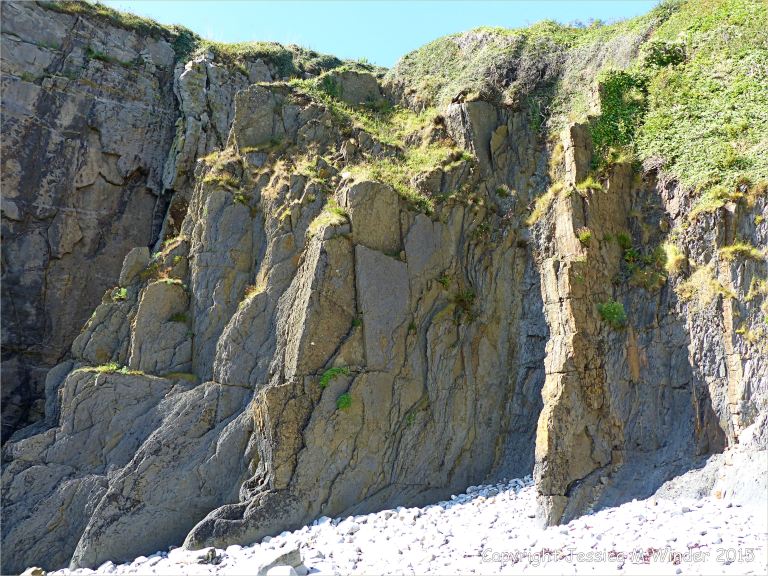 Vertical Carboniferous Avon Group rock strata on the seashore at Church Doors on the South Pembrokeshire Coast in Wales
