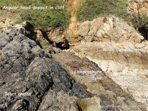 Lamprophyre dyke cutting through Icart Gneiss at Moulin Huet Bay