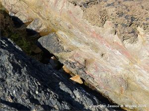 Natural textures in the weathering top surface of a lamprophyre dyke cutting through Icart Gneiss (left bottom corner))