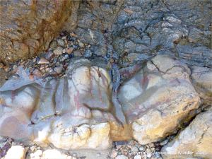 Textures in the wave washed surface of a lamprophyre dyke intruding into Icart Gneiss