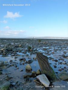 View looking towards the lighthouse at Whiteford on the Gower Peninsula showing rock strewn beach
