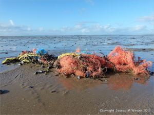 Brightly coloured tangle of flotsam fishing nets