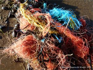 Brightly coloured tangle of flotsam fishing nets
