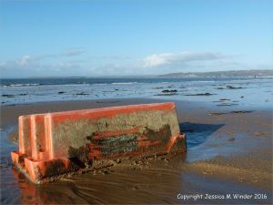Flotsam orange plastic fish crate washed ashore