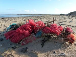 Tangled heap of red fishing nets washed ashore