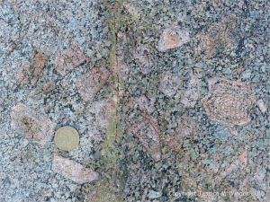 Close-up detail of L'Eree Granite crystals in rock on the Channel Island of Guernsey