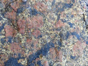 Close-up of L'Eree Granite with pink megacrysts of feldspar