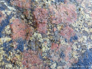 Close-up of L'Eree Granite with pink megacrysts of feldspar