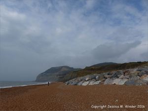 View looking west at Seatown beach, Dorset, England, showing rip-rap sea defences in foreground
