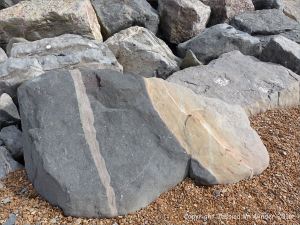 Natural pattern in a boulder forming part of rip-rap or rock armour sea defences on the beach at Seatown, Dorset, England.