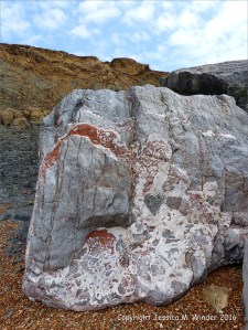 Natural pattern in a rip-rap boulder at Seatown, Dorset, England.