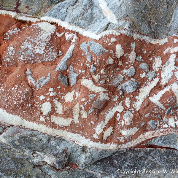 Natural pattern in a rip-rap boulder at Seatown, Dorset, England.