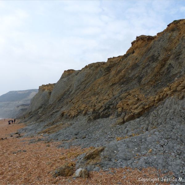 Cliffs of soft eroding Jurassic strata on the west side of Seatown in Dorset, England.