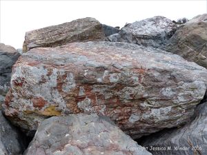 Natural pattern in a rip-rap boulder at Seatown, Dorset, England.
