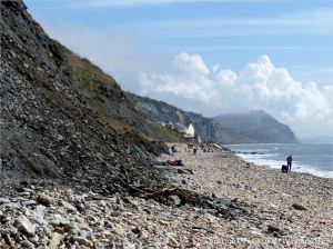 View of Charmouth Beach looking east towards the Heritage Centre and Golden Cap