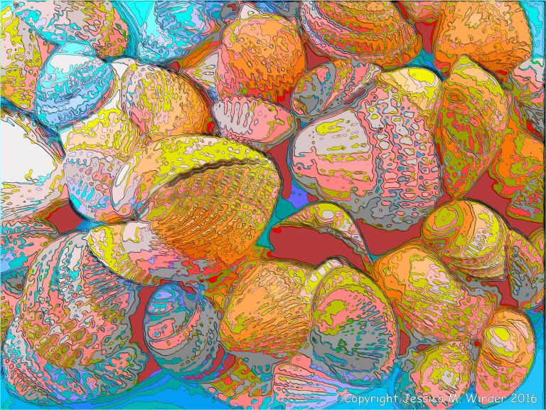 Brightly coloured picture of cockle shells