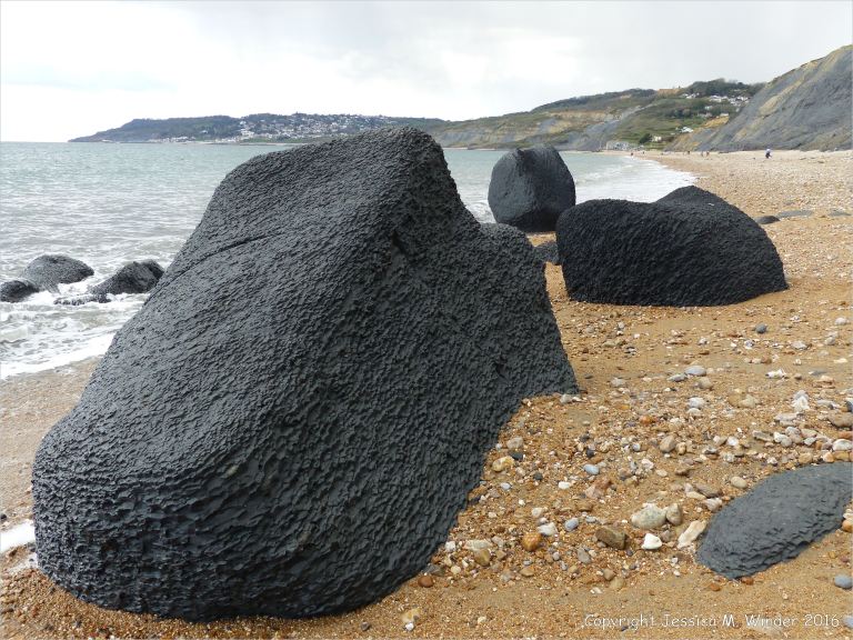 Beach boulders at Charmouth on the World Heritage Jurassic Coast in Dorset, England.