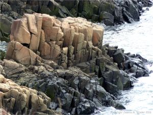 Detail of columnar fracturing in North Mountain Basalt of Jurassic age at Cap d'Or in Nova Scotia, Canada.