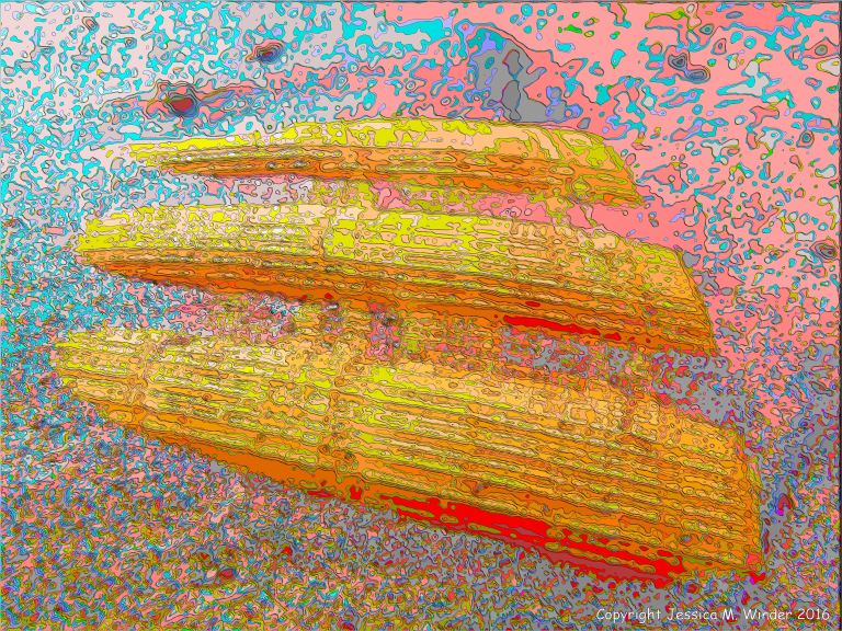 Brightly coloured picture of part of a scallop shell showing through the sand