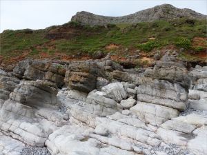 Weathered limestone rock layers on the Worms Head Causeway in Gower, South Wales.