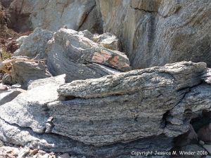 Boulders on the beach from the fault zone at Clarke Head, Nova Scotia, Canada.
