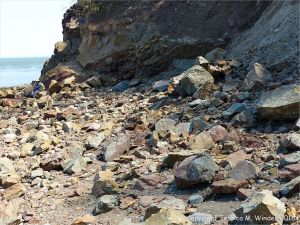 Cliffs and beach boulders at Clarke Head, Nova Scotia, Canada.