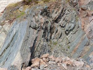 Phyllite rock showing almost vertical fine layers in cross-section view on the Cabot Trail in Cape Breton Island