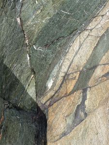 Phyllite rock showing minor faults on the Cabot Trail in Cape Breton Island