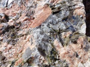 Close-up of texture and pattern in Devonian plutonic rocks used as rip-rap at White Point Harbour in Cape Breton Island, Nova Scotia, Canada.