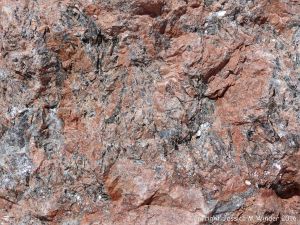 Close-up of texture and pattern in Devonian plutonic rocks used as rip-rap at White Point Harbour in Cape Breton Island, Nova Scotia, Canada.