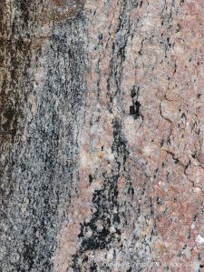 Close-up of texture and pattern in Devonian plutonic rocks used as rip-rap at White Point Harbour in Cape Breton Island, Nova Scotia, Canada.