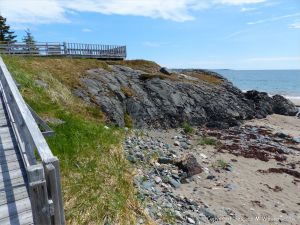 View of the basalt outcrop from the boardwalk at Main a Dieu, on Cape Breton Island, Nova Scotia, Canada.