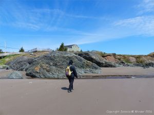 View of the basalt outcrop from the beach at Main a Dieu, on Cape Breton Island, Nova Scotia, Canada.