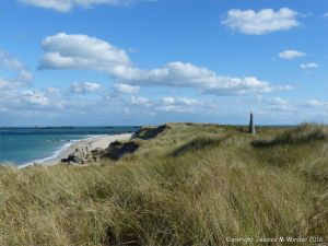 The obelisk at Mouisonniere Beach on the Channel Island of Herm