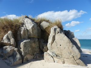 Rocky outcrop of Herm Granodiorite with xenoliths