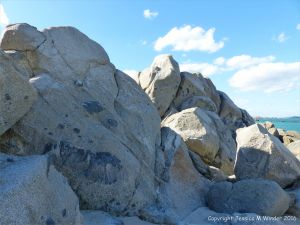Rocky outcrop of Herm Granodiorite with xenoliths