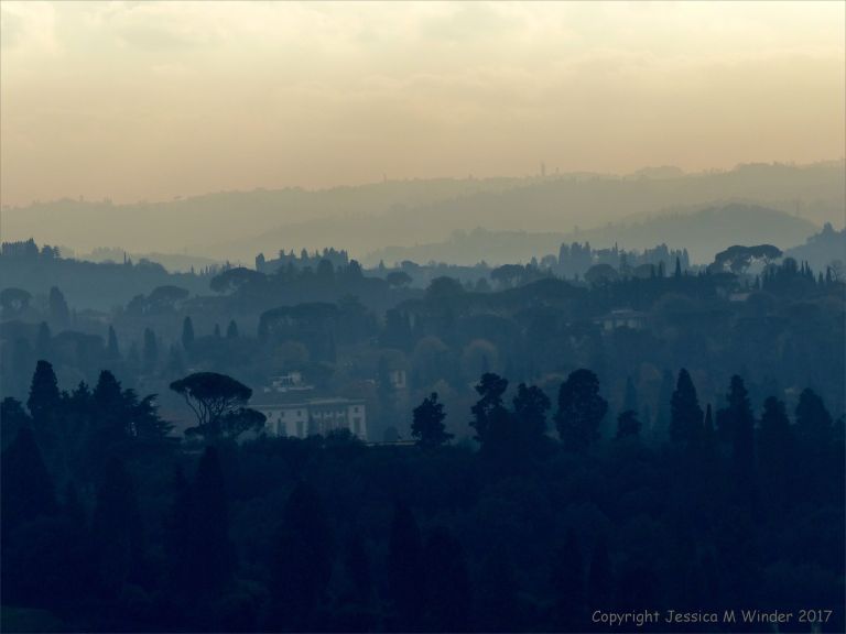 Vista of hazy hills in Tuscany