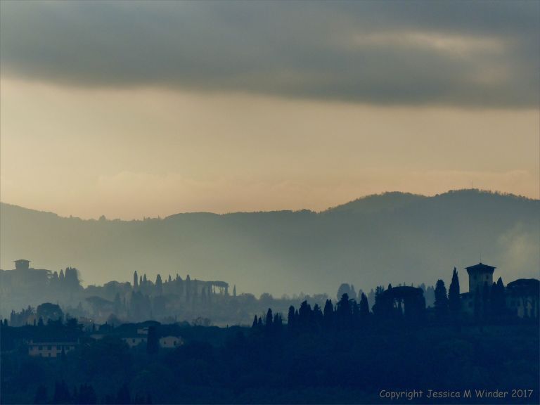 Vista of hazy hills in Tuscany