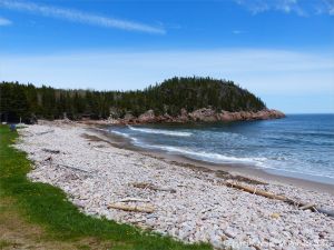 View looking north over the curving pebble banks to the cliffs at Black Brook Cove