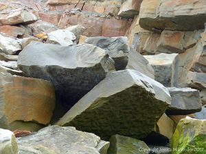 Ripples preserved from water currents over fine sediments in the Carboniferous Period on the lower surface of boulders from a rock fall